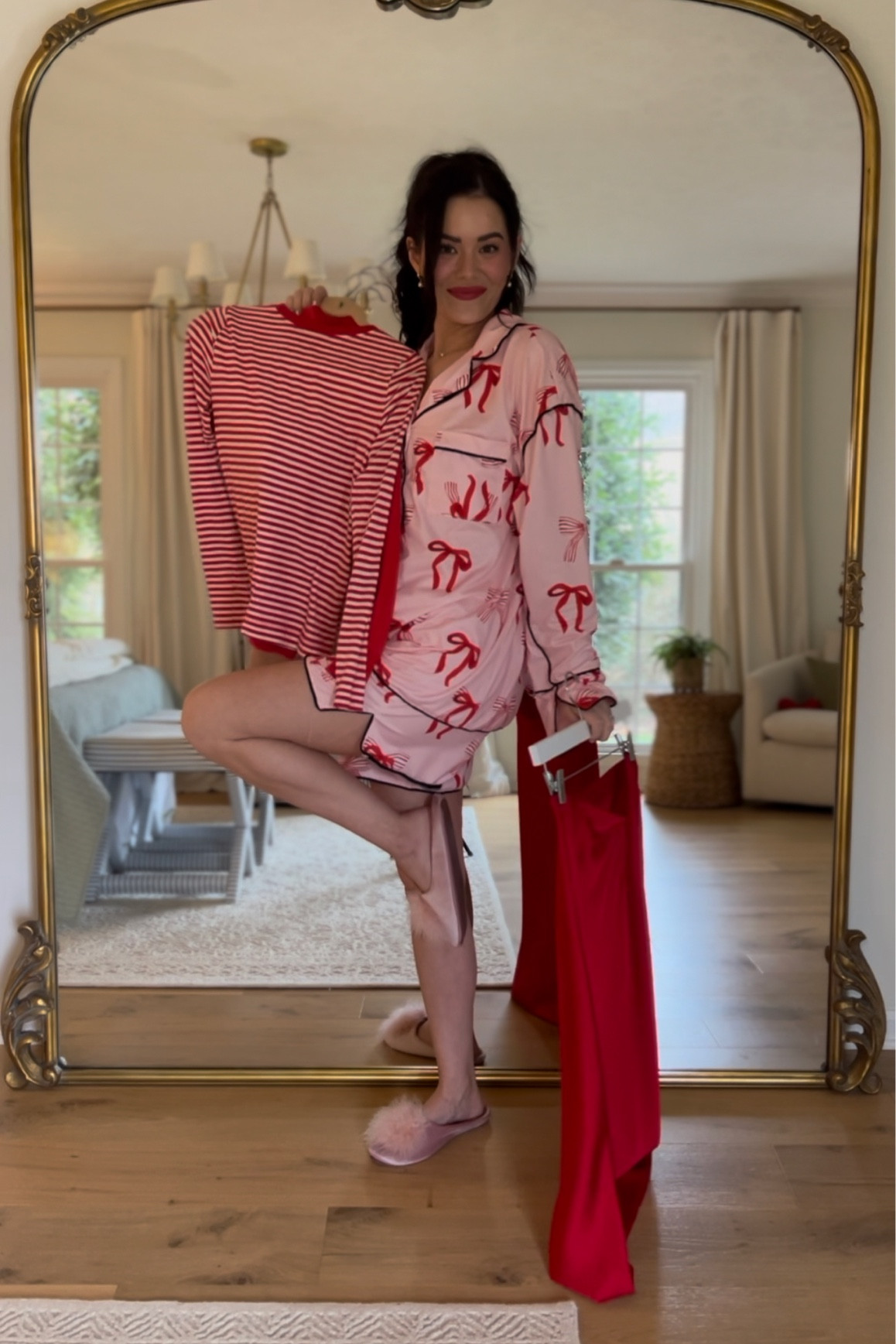 Valentine’s Day outfit reel / bow pajamas / red Amazon dress / red slip skirt outfit / Mary Jane flats 