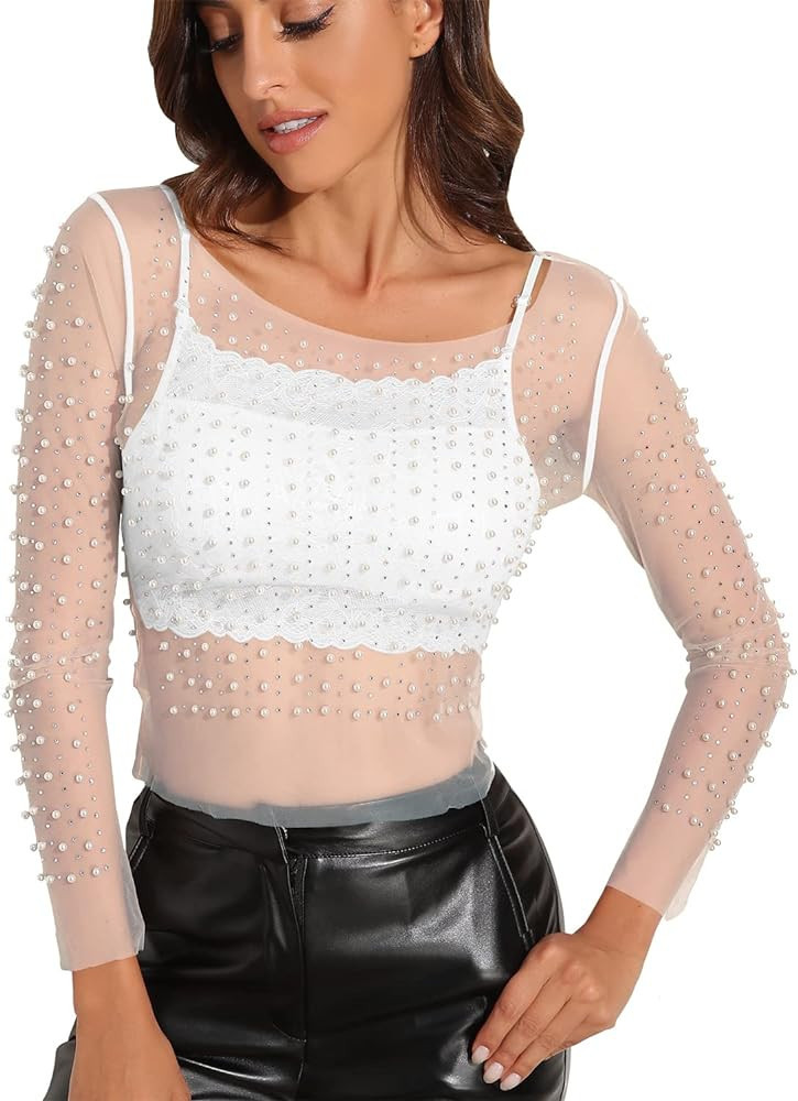 Modegal Women's Pearl Rhinestone See Through Long Sleeve Mesh Blouse One Piece Cover Up Crop Top | Amazon (US)