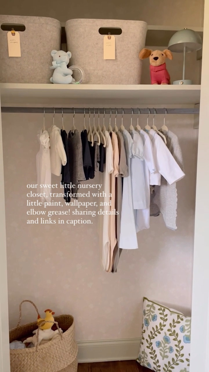 I love a good closet moment - so I knew I wanted to make our nursery closet a sweet little pocket of fun. 

I painted the doors and shelves Farrow & Ball’s “Eddy” (matched to Benjamin Moore) wallpapered the walls with a pattern that was a steal from Wayfair, and used felt baskets from Target to corral extra diapers and wipes that can be repurposed to house toys and other bits as our bebe boy grows :)

The little lamp on the shelf is a rechargeable touch light, perfect for illuminating the space for more ambiance while practical ally acting as a bit of a nightlight when you don’t want a bright light waking baby.

I’m still waiting on the door hardware to arrive as well as a rolling basket with partitions from Pottery Barn that we’ll use for toys to easily organize and stow away as needed!

I love this little closet so much I just leave the doors propped open now all the time :)

#LTKHome #LTKFindsUnder100 #LTKBaby