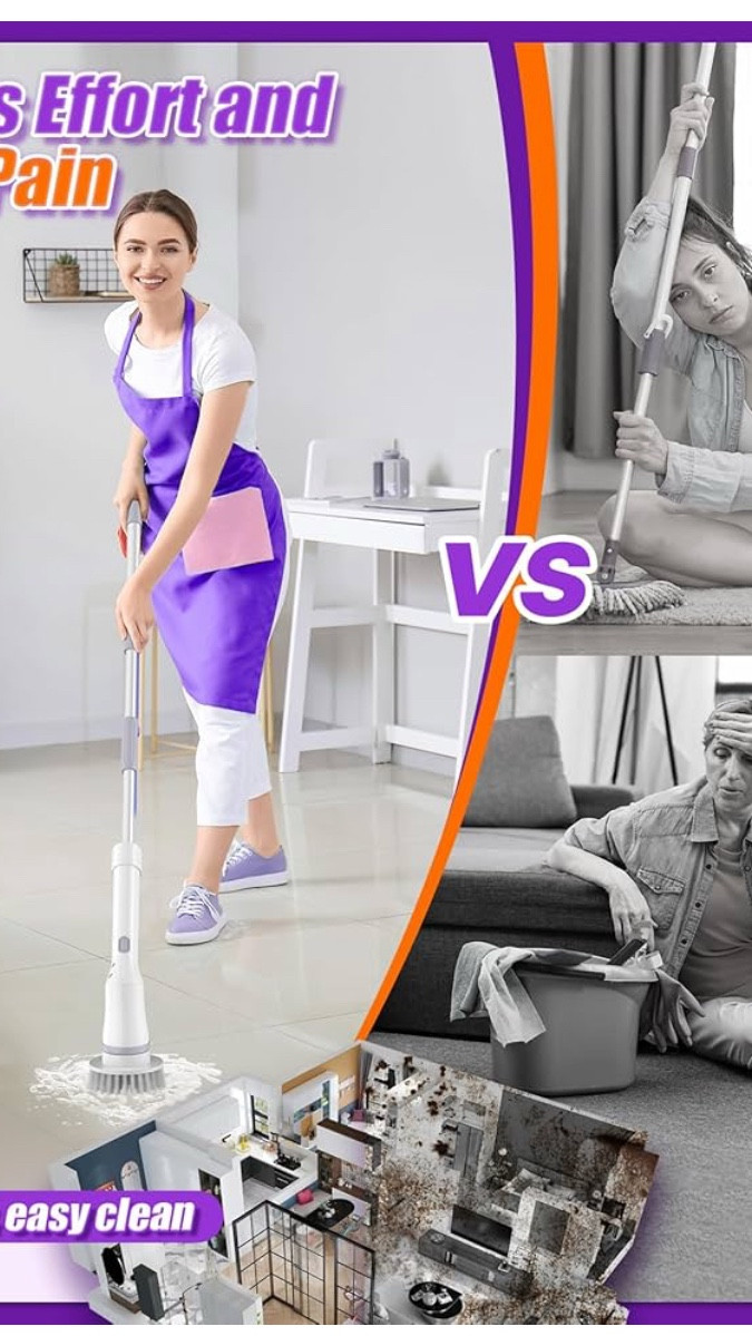 
Electric Spin Scrubber, Cordless Shower Scrubber Rotary Floor Brushes & Pad Drivers with 6 Brush Heads - 2H Dual Speed, IPX7 Waterproof Extension Handle for Bathroom Tile Car Cleaning (White)