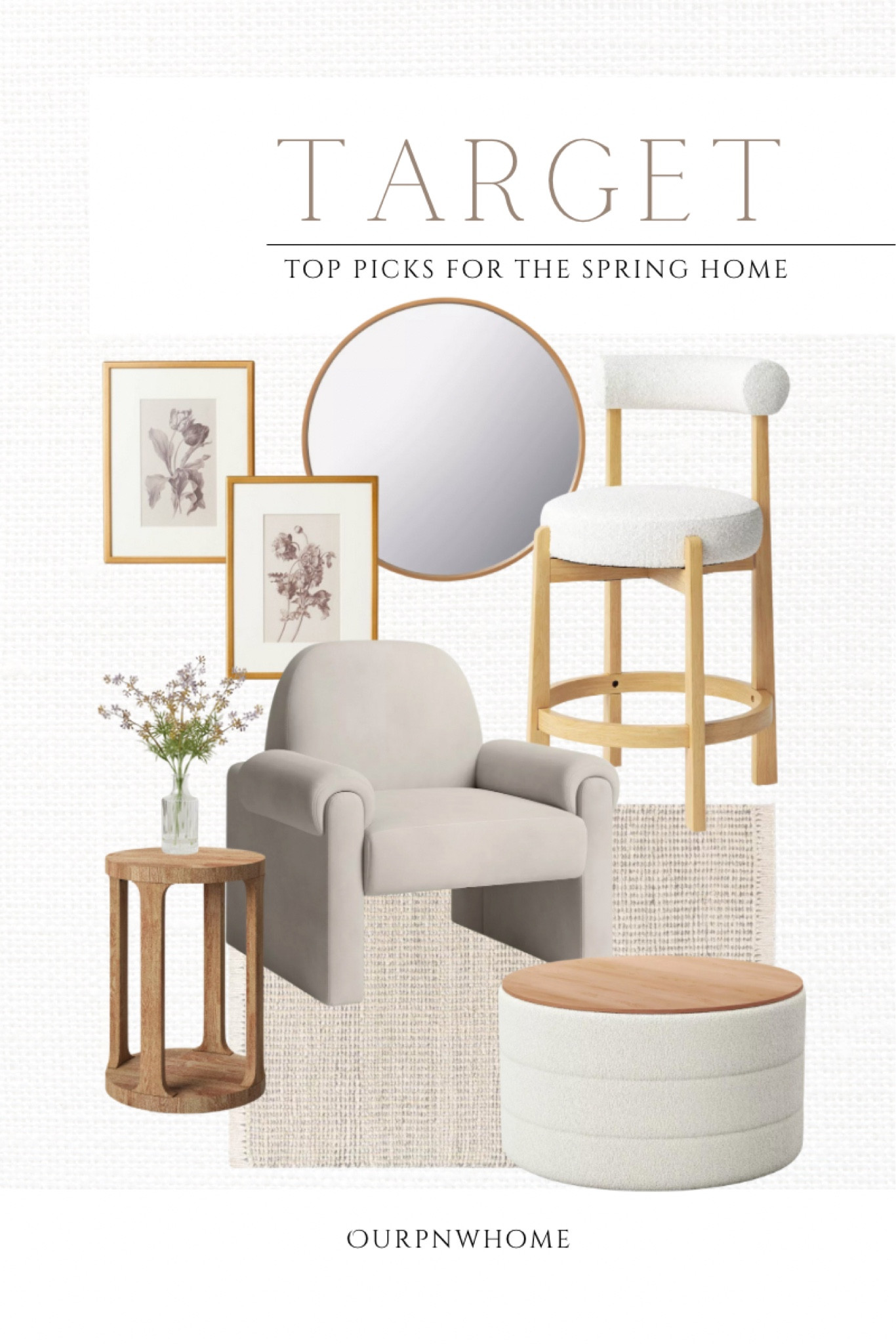 Top picks for the spring home at Target 🎯 

Neutral home, velvet accent chair, modern armchair, boucle ottoman, end table, wood accent table, side table, neutral area table, round wall mirror, floral wall art, botanical artwork, spring florals, floral arrangement, boucle counter stool, kitchen counter stool, barstool, Target home

#LTKstyletip #LTKSeasonal #LTKhome