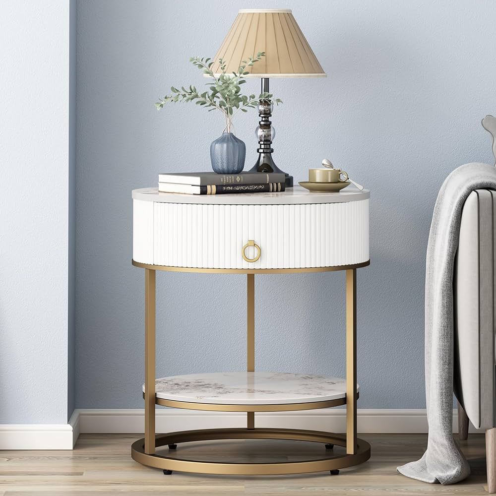 OIOG Round Side Table with Drawer, 2 Tier Night Stand with Shelf, Modern Side Table with Gold Leg... | Amazon (US)