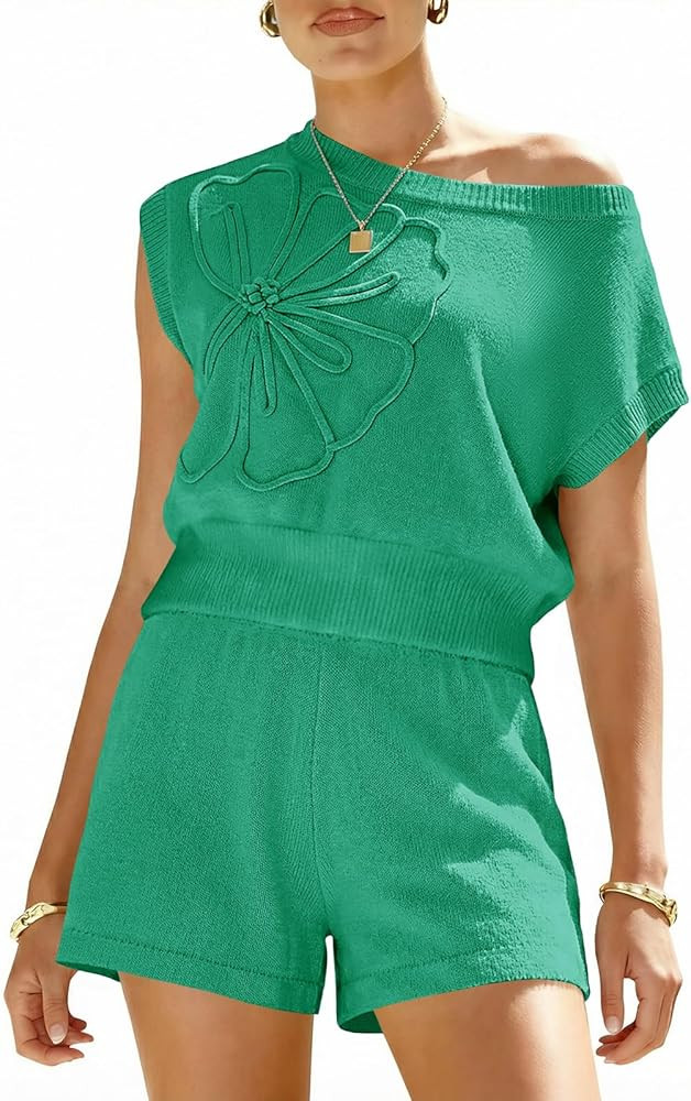 Saodimallsu Womens Off The Shoulder 2 Piece Sweater Sets Short Sleeve Floral Tops Summer Matching... | Amazon (US)