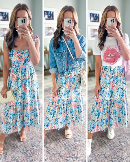Wedding guest dress on sale. Easter dress. Spring dress. Floral maxi dress (XXSP, comes in solid colors too). Vacation dress. Sassy Queen graphic t (code LISAMARIE). Old Navy denim jacket (XSP). Veja Esplar sneakers (size down if you are a half size). Target clear heels (TTS).

#LTKtravel #LTKwedding #LTKshoecrush