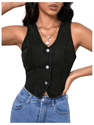 SHENHE Women's Denim Vest Sleeveless V Neck Button Up Vintage Cropped Jean Jacket Vest Top Black X-Small | Amazon (US)