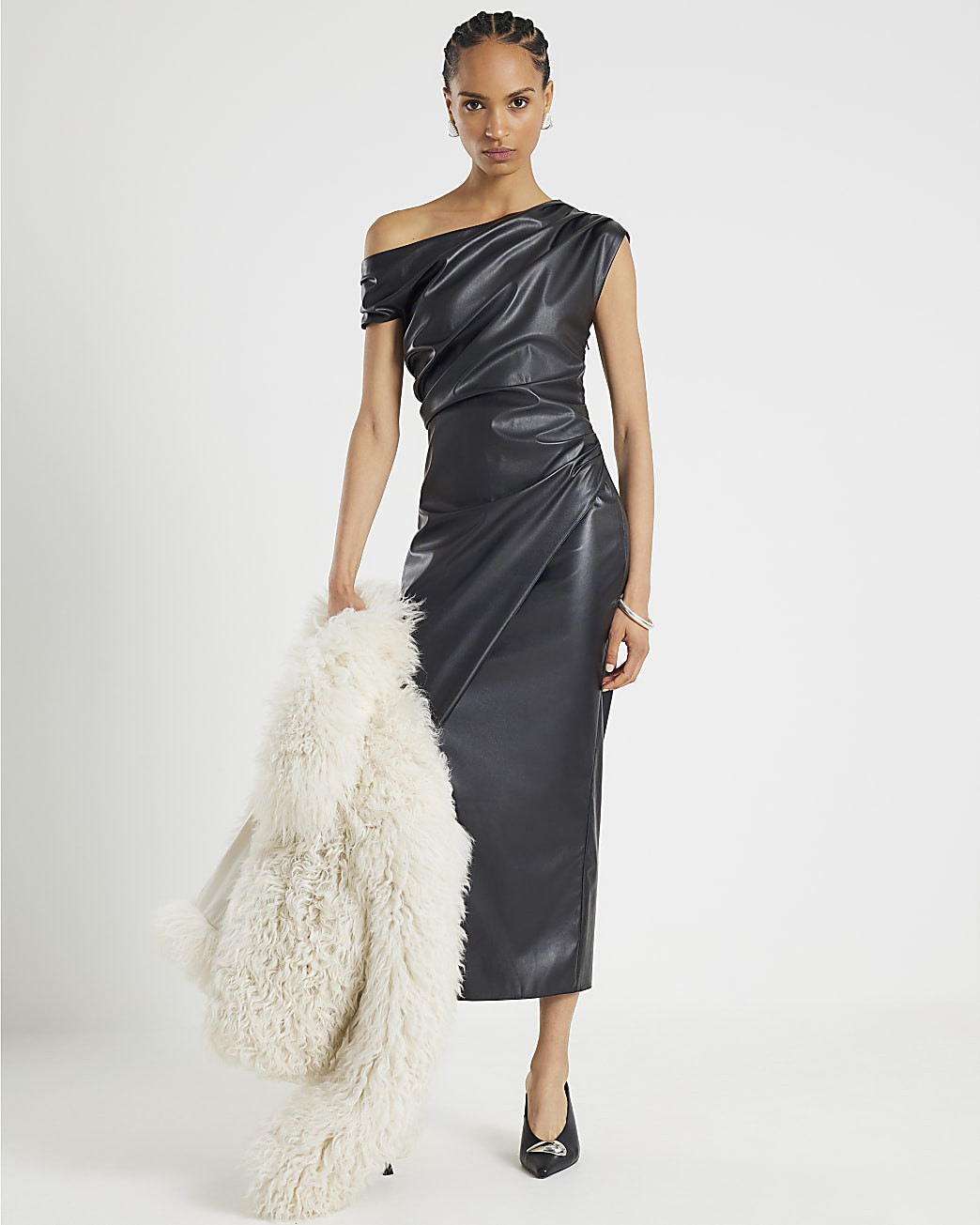 Black Faux Leather Drape Midi Dress | River Island UK & IE