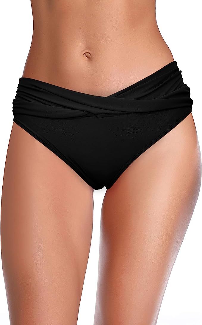 SHEKINI Women's Cheeky Swimsuit Twist Front Bikini Bottoms Ruched Swim Bottoms | Amazon (US)