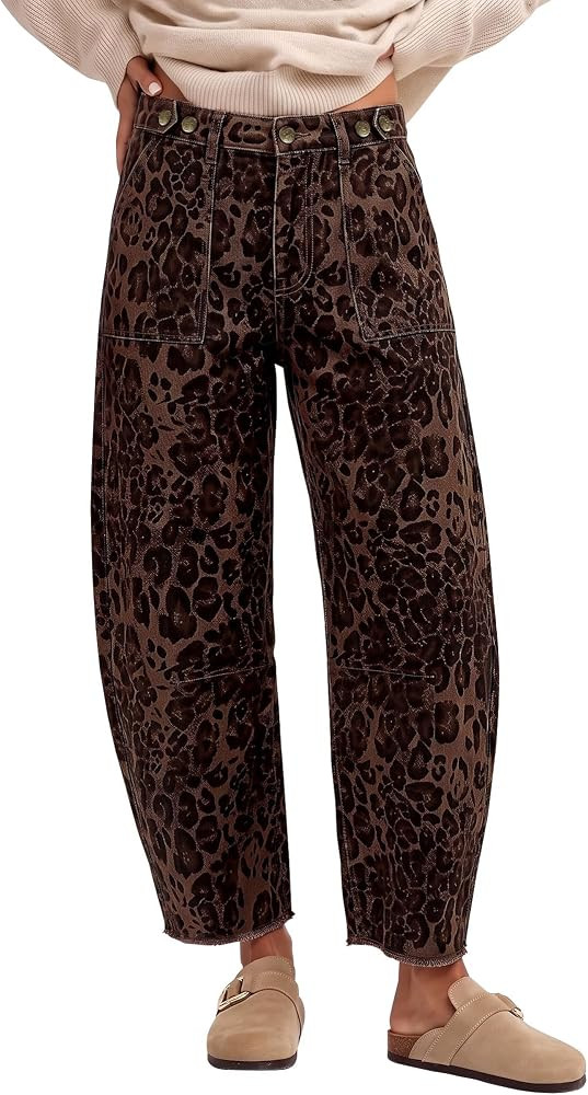 GRAPENT Leopard Barrel Jeans Women High Rise Frayed Hem Cheetah Print Pants | Amazon (US)