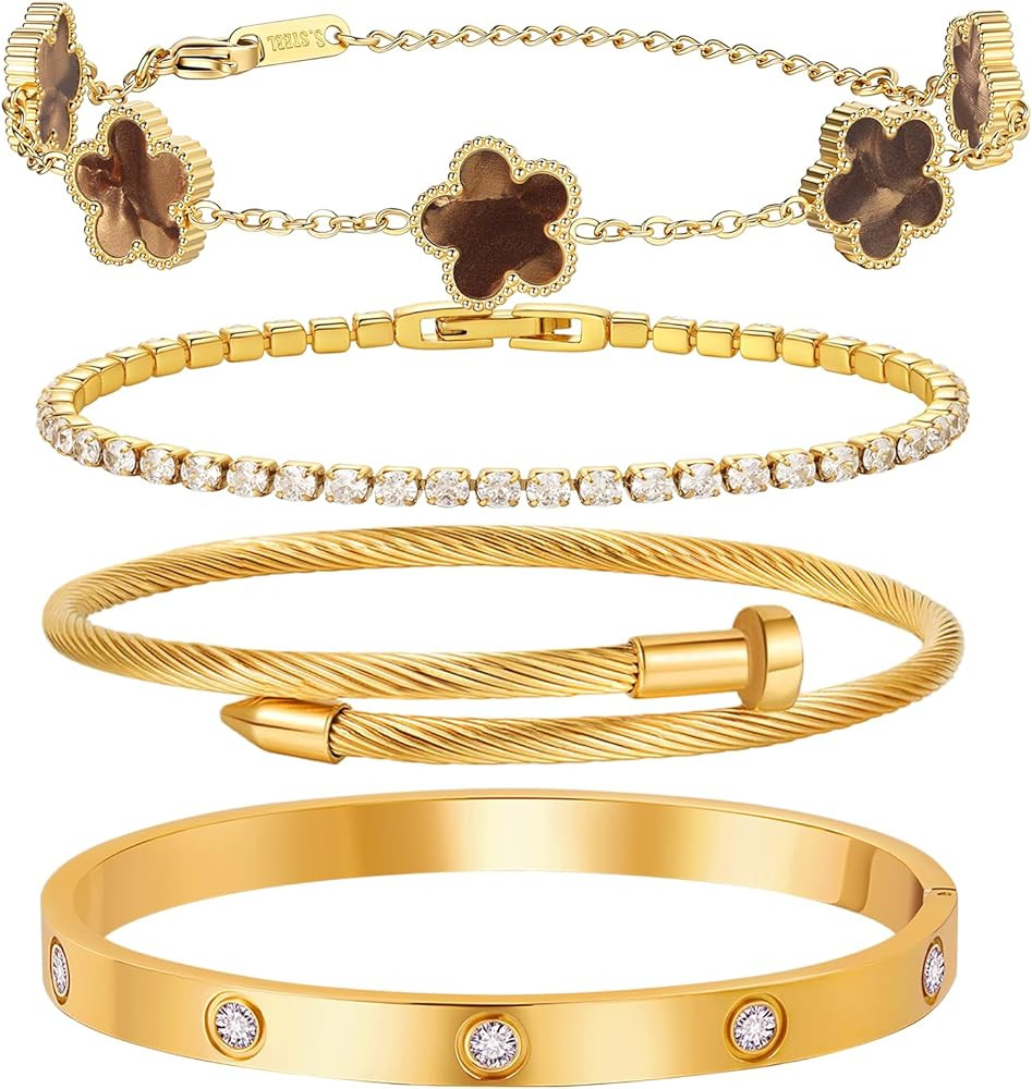 18 K Gold Plated Love Bangle Bracelet Stack for Women 4-Piece Floral Clover Chain, Tennis Crystal... | Amazon (US)