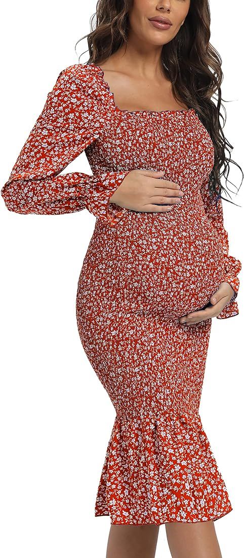 Maternity Summer Floral Midi Bodycon Dresses, Short Puff Sleeve Square Neck Ruffle Hem Mermaid Baby  | Amazon (US)