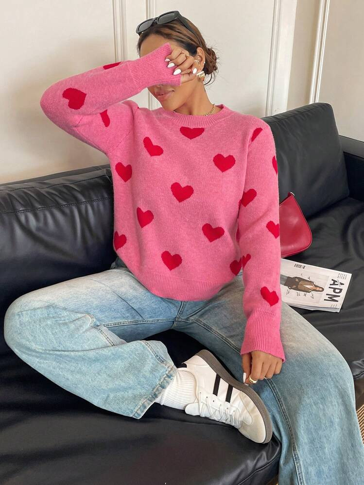 SHEIN Relaxiva Plus Size Women Cute Heart Pattern Knit Sweater, Casual For Everyday Wear, Autumn/... | SHEIN