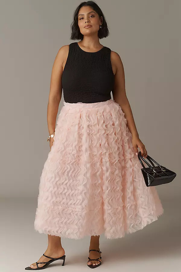 Eloquii Plus Textured Ruffled Tulle Midi Skirt | Anthropologie (US)