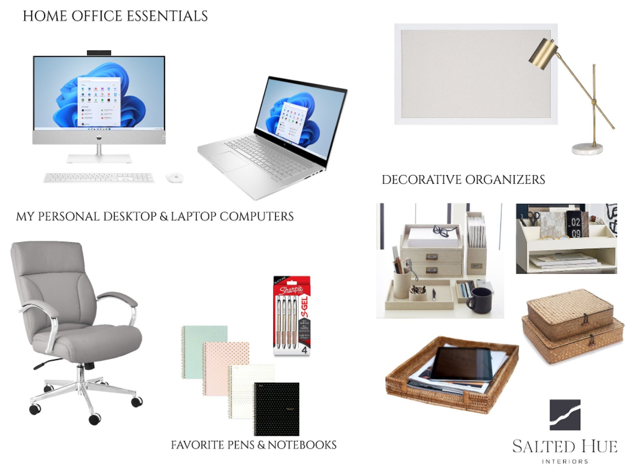 home office essentials, computer, laptop, whiteboard, smart board, desk lamp, table lamp, office chair, swivel chair, notebook, pen, desk organizer, basket, tray, drawers