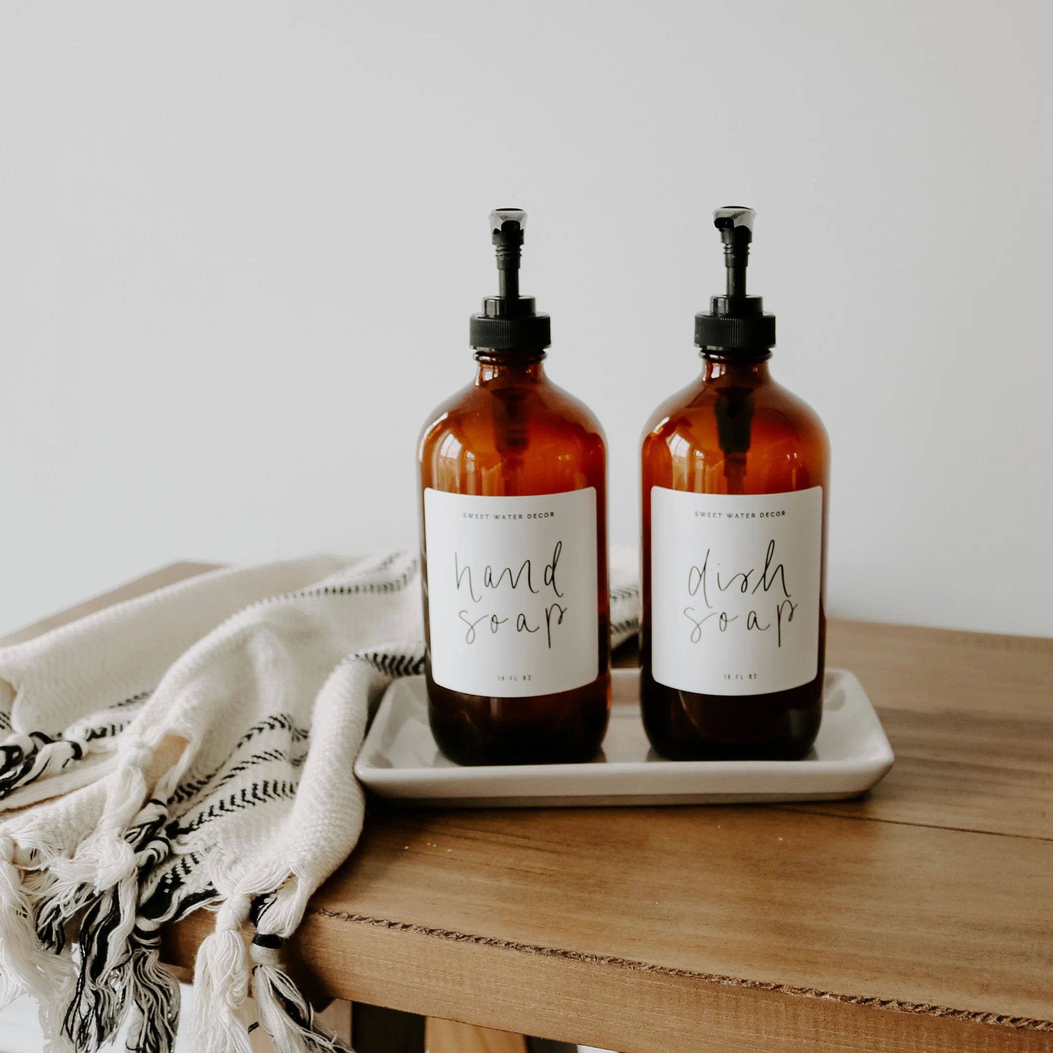 16oz Amber Glass Countertop Dispenser Set of 2 - White Label | Sweet Water Decor, LLC