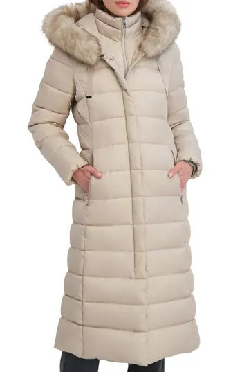 Tahari Nellie Faux Fur Trim Hooded Puffer Jacket with Bib in Pale Oak at Nordstrom Rack, Size Small | Nordstrom Rack