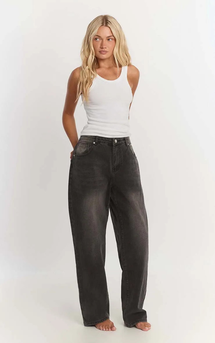 Dark Grey Wash Mid Rise Baggy Jeans | PrettyLittleThing US