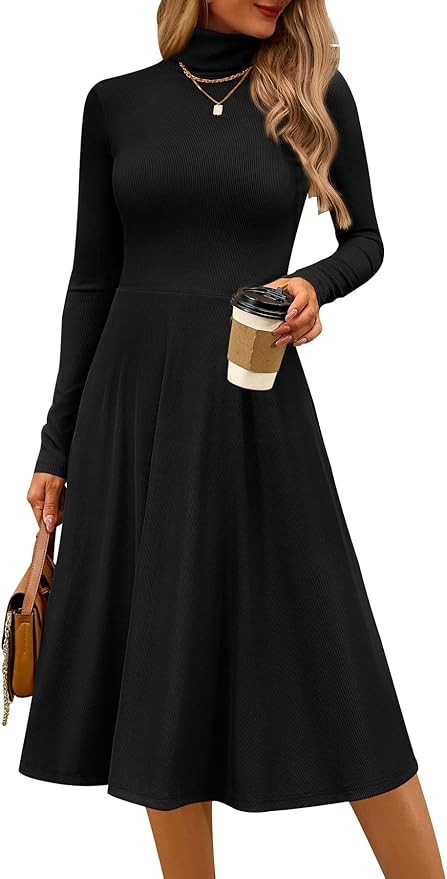 CFLONGE Women's Casual Ribbed Knit High Neck Dress Long Sleeve Fall Dress for Women 2024 Lightwei... | Amazon (US)