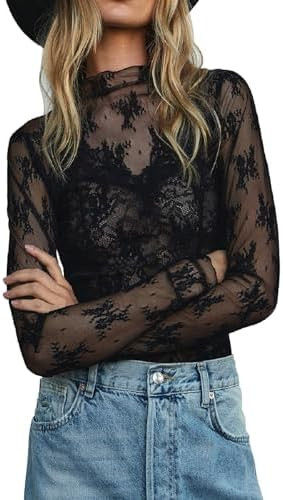 KMBANGI Women's Mesh Lace Long Sleeve Top Mock Neck Sheer Blouse Floral Lace Layering Tops Y2k Se... | Amazon (US)