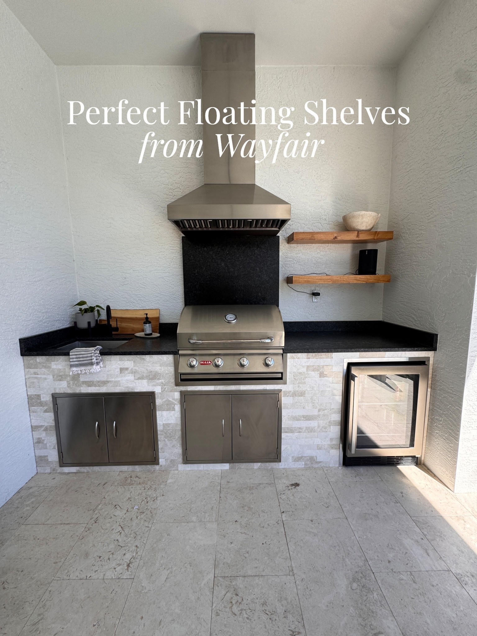 Our outdoor grill area is 90% complete! I am ecstatic with these floating shelves. I found on Wayfair, the 3 inch thickness really is the perfect visual for this large wall. I have a second set on order to complete the left side and can’t wait. 

We have 43” of opening left and right so I ordered the 36” wide shelves for reference  

Spring is right around the corner and we are so excited to be hosting people in our new home this year ❤️￼

@Wayfair 

#diyproject #springpatioinspo