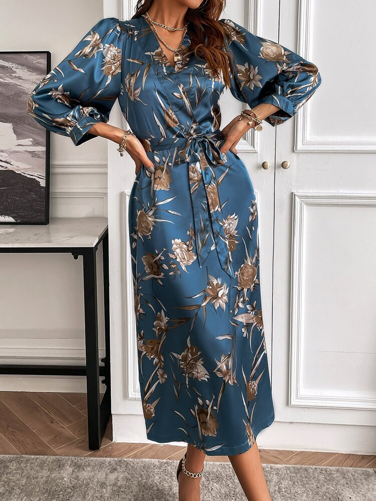 Satin Floral Bishop Sleeve Belted A-line Dress | SHEIN