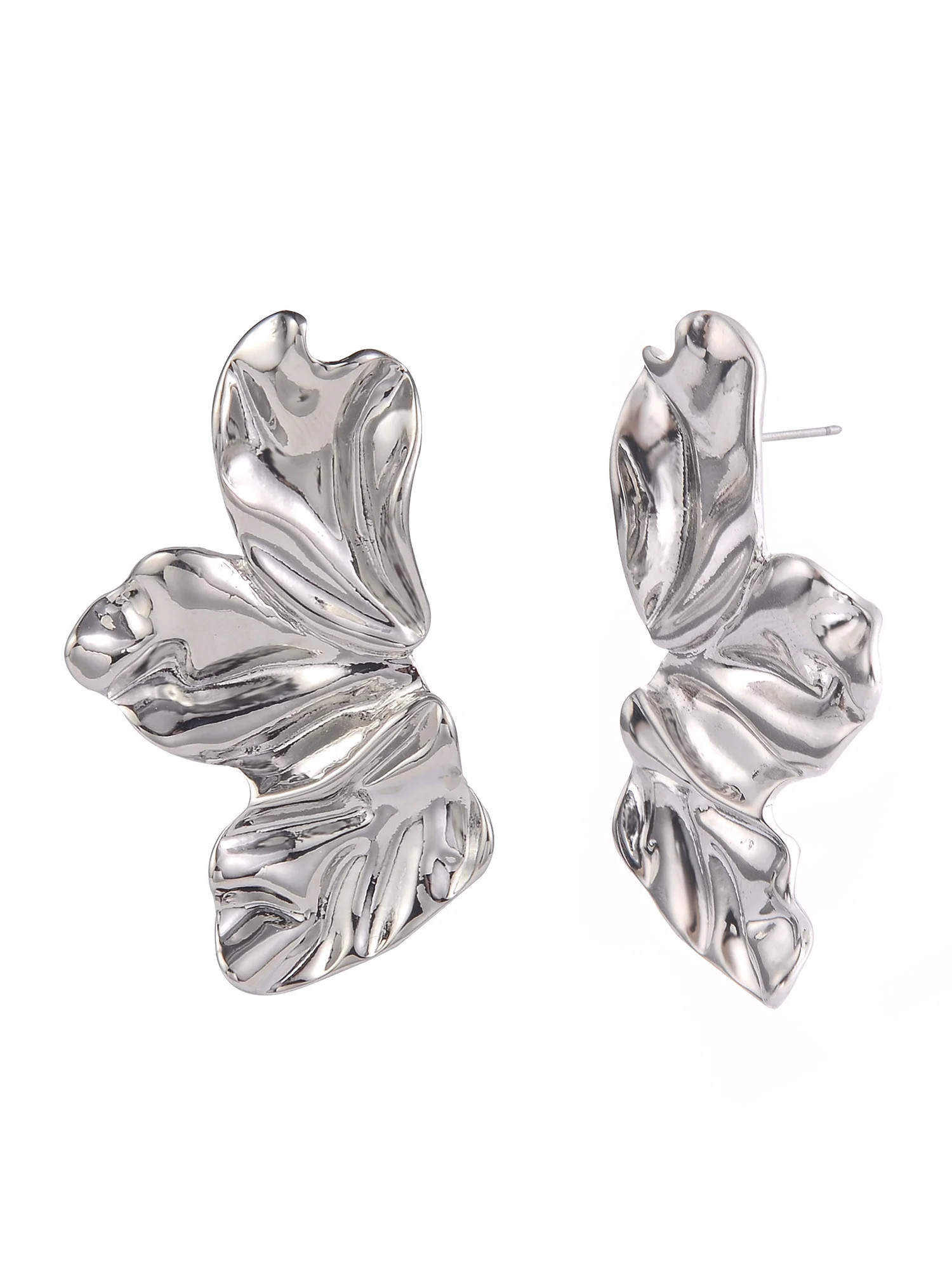 Time and Tru Women's Silver-Tone Wavy Textured Metal Leaf Post Earrings | Walmart (US)