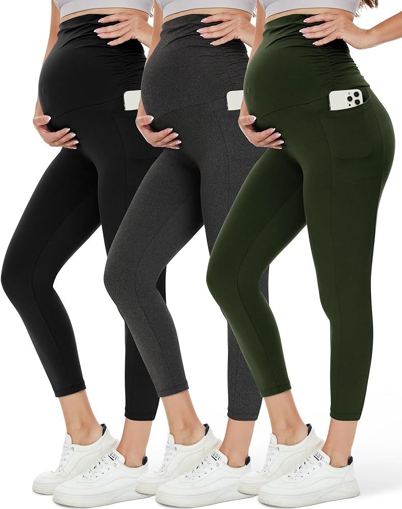HLTPRO 1/3 Pack Maternity Leggings Over The Belly - Maternity Pants with Pockets for Women Pregna... | Amazon (US)