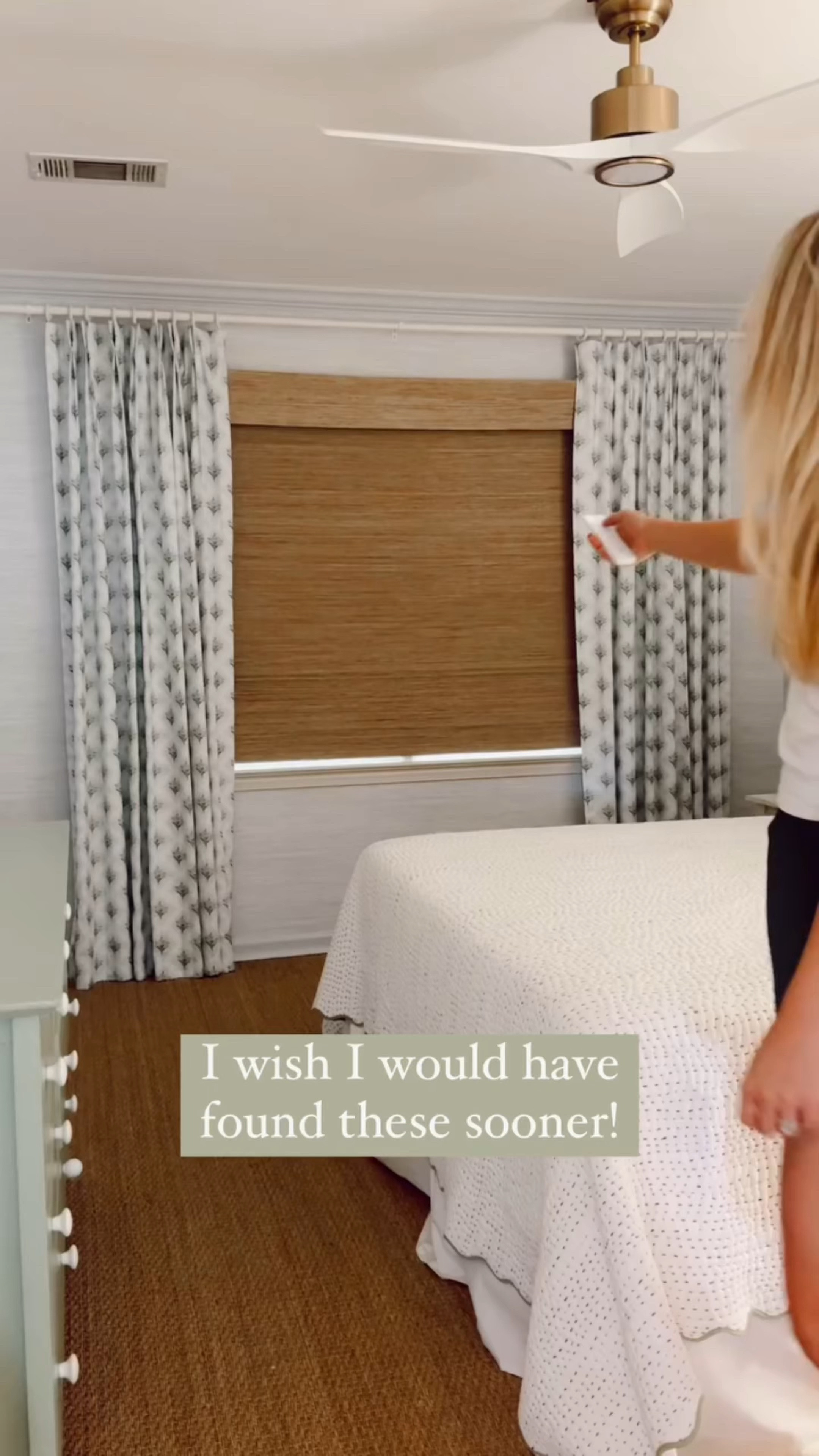 Custom window treatment details! I sourced the Boykin fabric from Evelyn Henson. She has the sweetest most whimsical and feminine textiles & wallpapers. 

My window is around 70 inches wide and I wanted the curtains 90 inches long for my 8 ft ceilings

We used 9 yards of fabric

Seamstress instructions: width and a half panels with a napped lining (which I believe means blackout) and triple pinch pleat. 

For my curtain rod and rings, I went with a few budget-friendly amazon finds that are both under $30.

For the smart home woven shade, here are the specs I ordered:

Woven Wood - Kenaf 040
100% Blackout
Outside mount
76 1/2 W
56 H
Left Side motor
One Remote Control