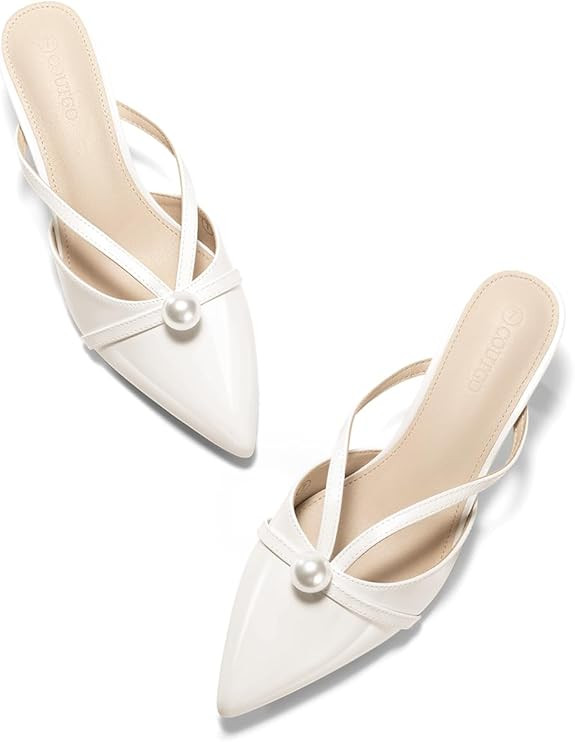 Coutgo Womens Pearl Kitten Heels Mules Closed Pointed Toe Sandals Satin Wedding Party Dress Shoes | Amazon (US)
