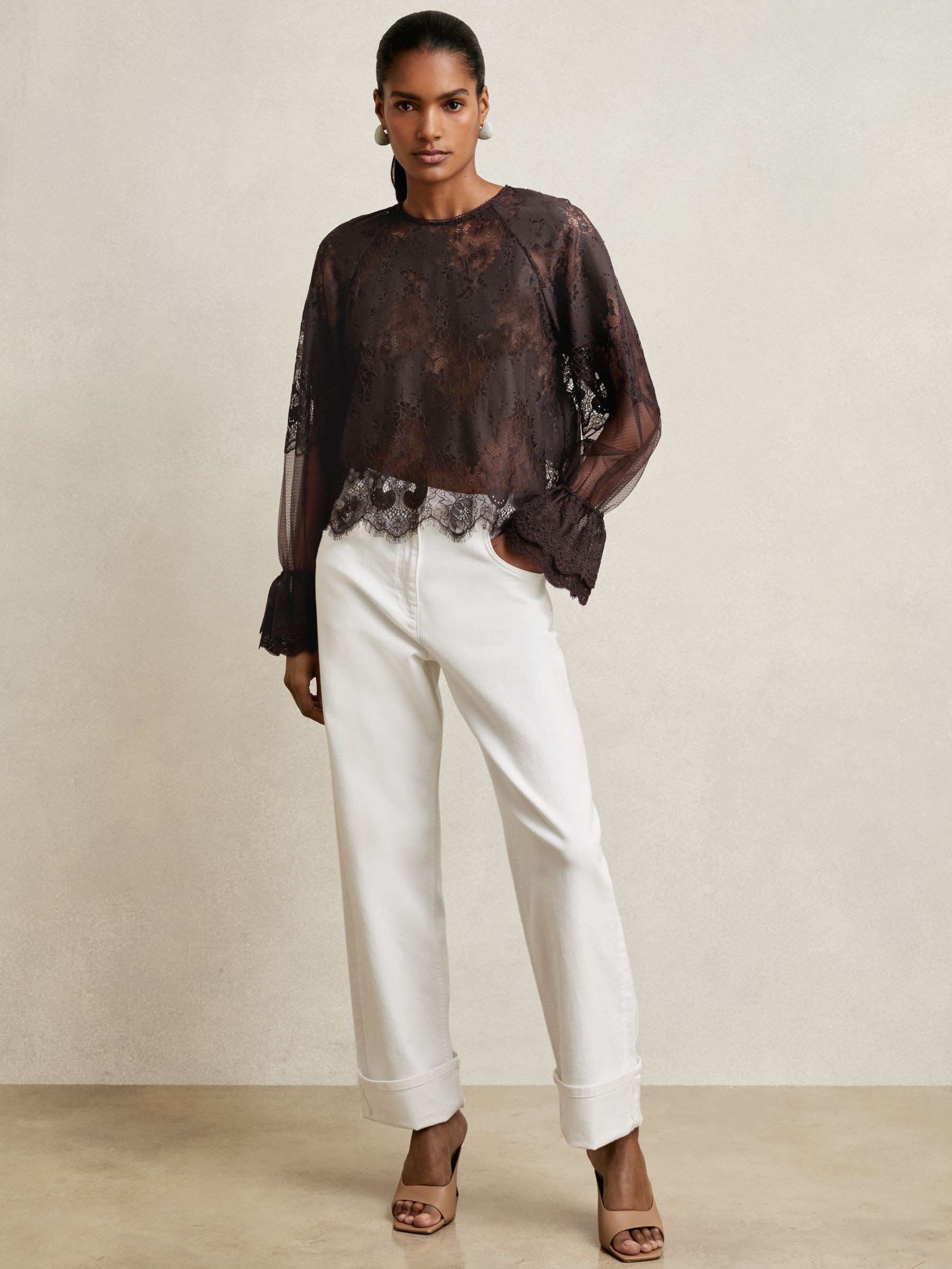 Lace Flared Cuff Blouse in Chocolate Brown | Reiss UK
