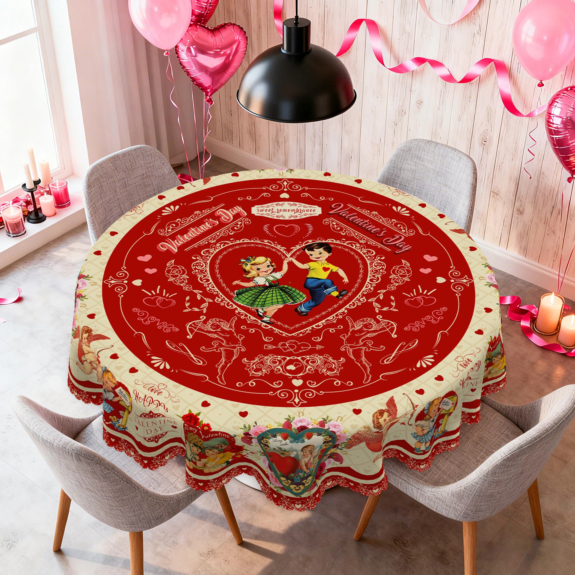 Vintage Valentine's Day Tablecloth - Red Retro Heart & Romantic Figure Printed Decorative Table C... | Wayfair North America