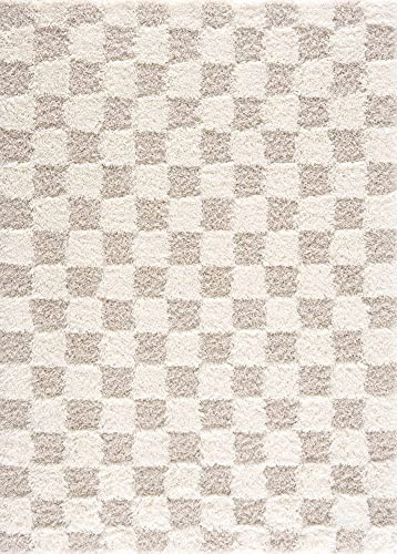BoutiqueRugs Atira Checkered Shag Area Rug - Cream, Light Beige, Light Brown - 8'10" x 12' | Amazon (US)