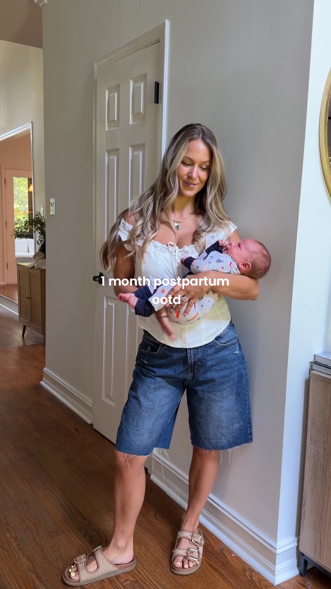 One month postpartum and loving these baggy jorts! Wearing a size 6 in the shorts and small in the shirt! These Walmart pajamas are so comfy too!!  Wearing a medium in the pjs! Baby’s pjs are from Mini Moon

#LTKootd #LTKmomlife #LTKBaby