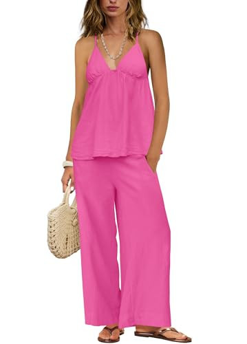 ReachMe Womens 2 Piece Linen Set Spaghetti Strap Top and Wide Leg Pants Set with Pockets Loungewear Matching Sets(Hot Pink,M) | Amazon (US)
