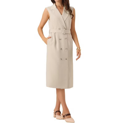 INSPIRE CHIC Women's Notched Lapel Double Breasted Belted Work Office Sleeveless Blazer Dress Apricot X-Large | Target