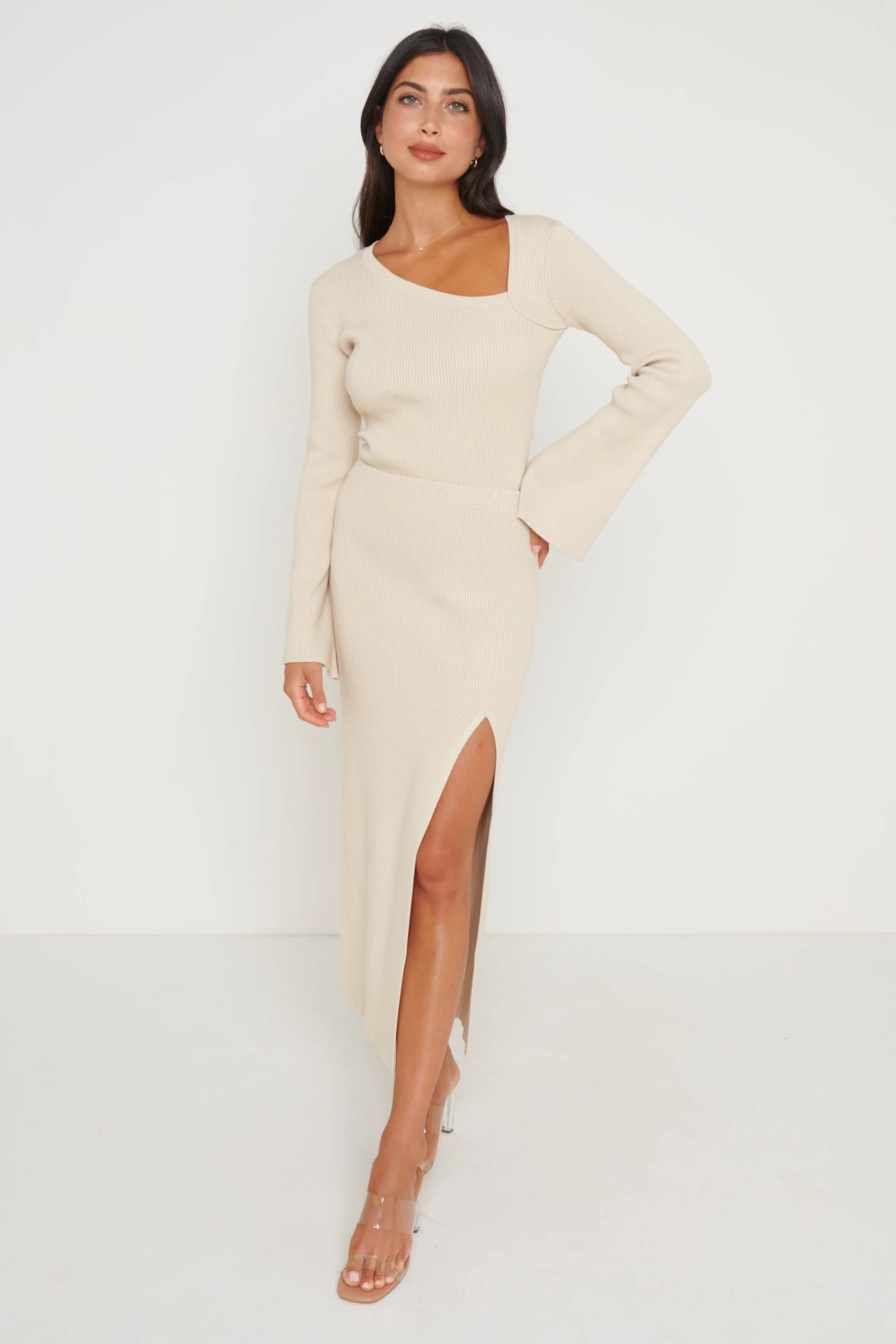 Blythe Slit Knit Skirt - Beige | Pretty Lavish (UK)
