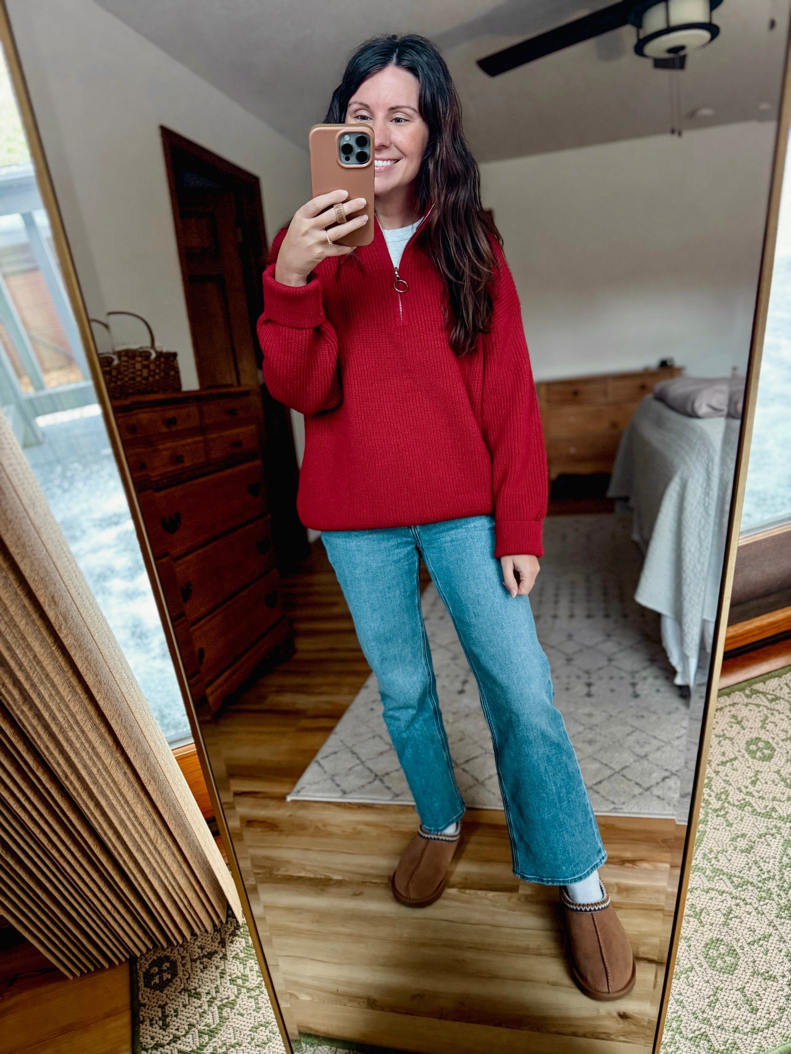 Wearing size small in my tee, size xs in my 1/2 zip sweater, and size 24 in the 26” inseam in my jeans (they sell out and restock often, so sign up for restock notifications!). My uggs are size 6 and I linked similar too. 

#LTKPetite #LTKHoliday #LTKSaleAlert