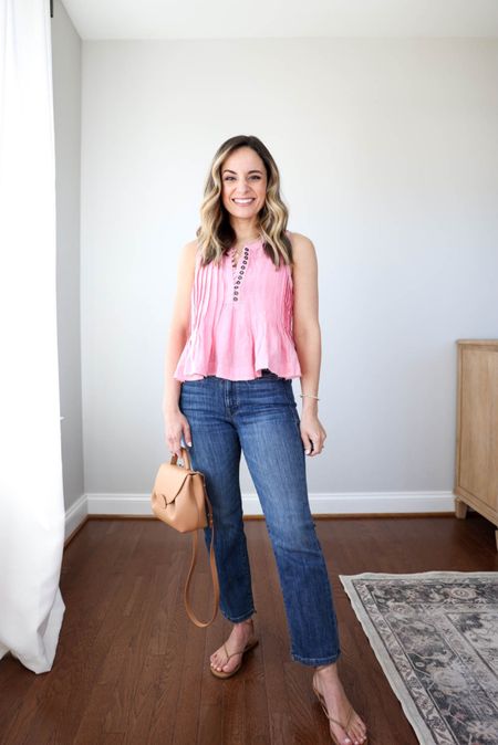 Pink top: petite xxs 
AYR jeans: 24, 25”’inseam (also linking jeans that are less expensive) 
Tkees sandals: size up if in between sizes

Bag is polene un nano in textured tan 

My measurements for reference: 4’10” 105lbs bust, waist, hips 32”, 24”, 35” size 5 shoe 

#LTKSeasonal #LTKstyletip
