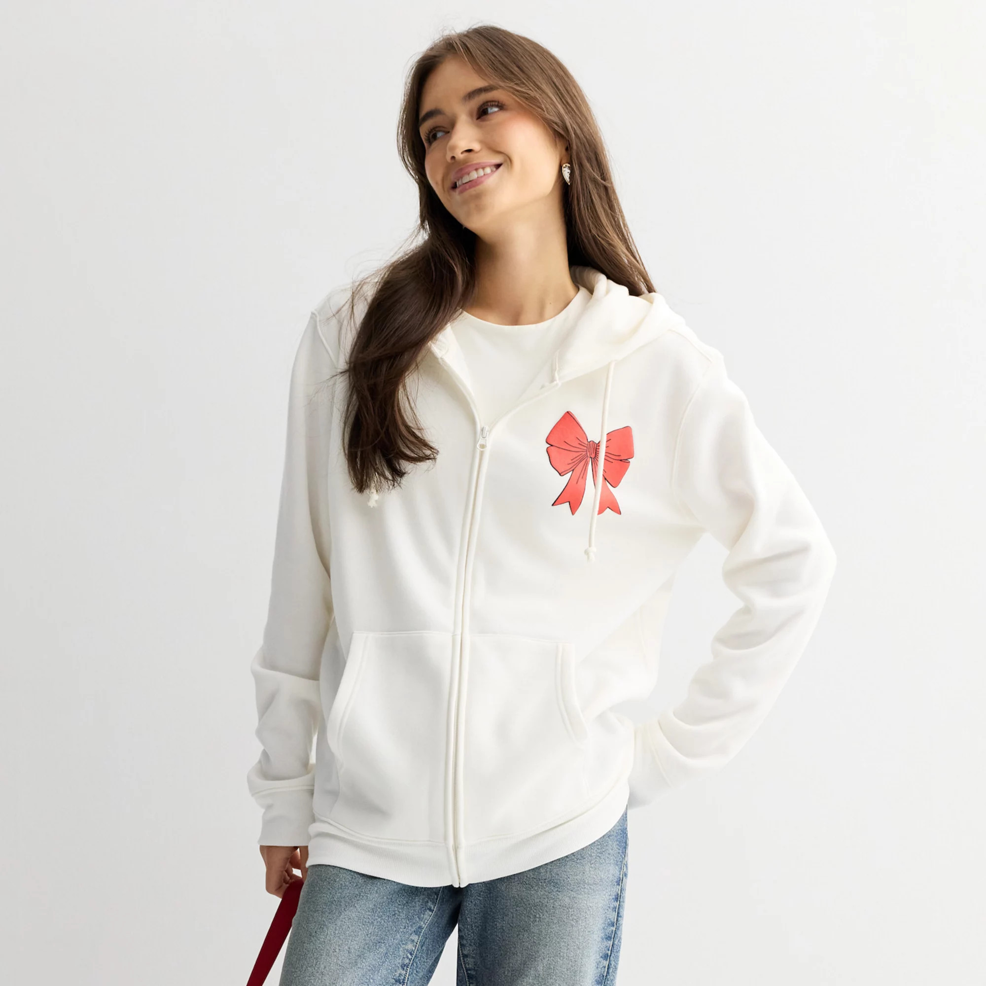 Juniors' Long Sleeve Zip Up Hoodie with Bow Graphics | Kohl's
