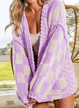 SELINK Women's Cardigan Sweater Vintage Open Front Mixed Checkered Pattern Chunky Knit Plaid Long... | Amazon (US)