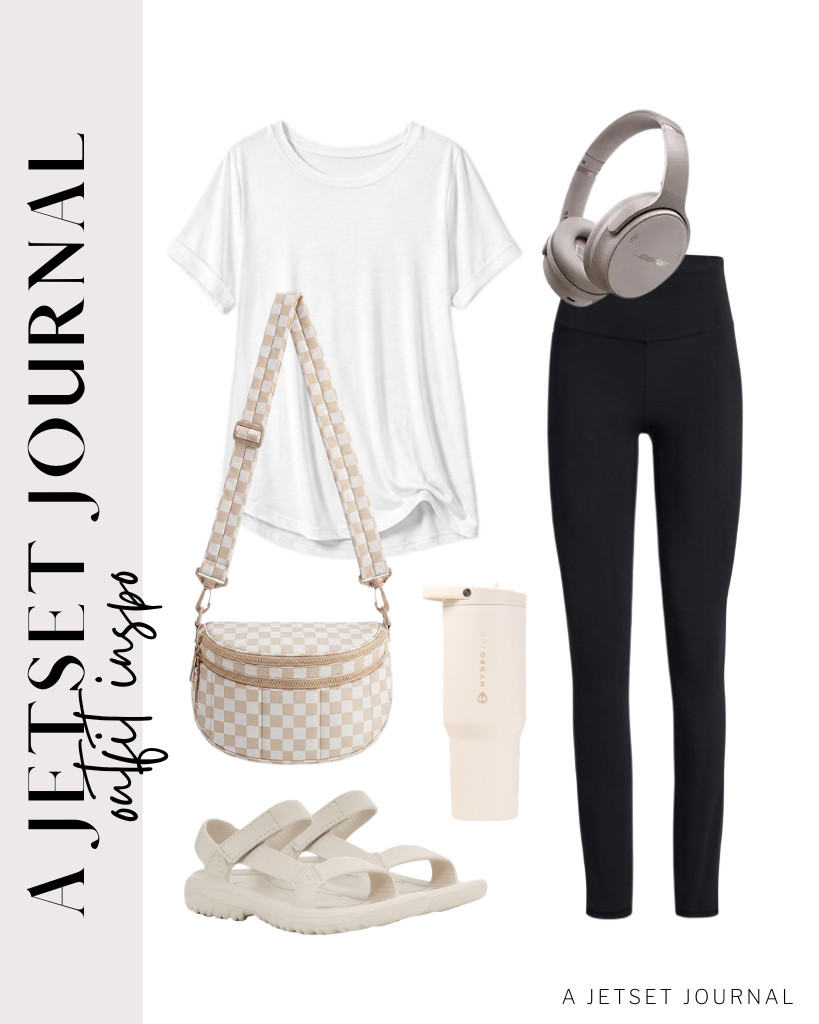 A white crewneck tee and leggings from SINOPHANT are a timeless staple. You can add a BAGSMART crossbody bag and Teva Hurricane Drift sandals to style this outfit. Don’t forget to bring this HydroJug water bottle with you.

#LTKSeasonal #LTKSaleAlert #LTKTravel
 

 
