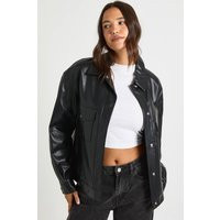 boohoo Women's Faux Leather Button Up Jacket in Black | Size: 12 | boohoo (US & Canada)