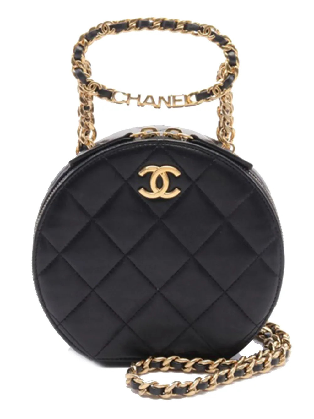 CHANEL Pre-Owned 2021-2023 Quilted Lambskin Oval Logo Chain Top Handle Round Clutch On Chain Satc... | Farfetch Global