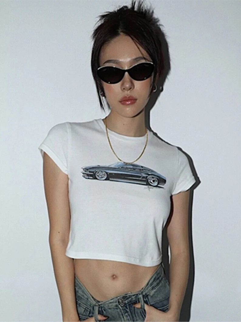 Racecar Print Y2K White Crop T-shirt, 90s Aesthetics Star T Shirt Top E-girl Grunge White Crop To... | Etsy (US)