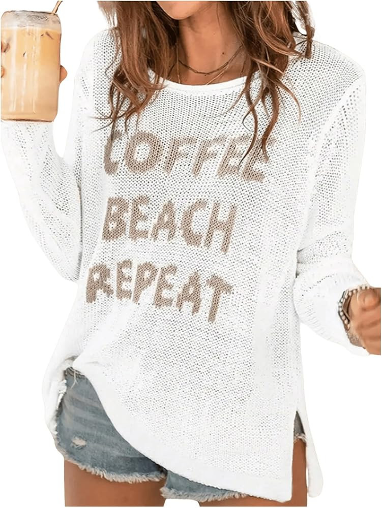 Verdusa Women's Beach Cover Up Sweaters Letter Print Long Sleeve Crochet Crew Neck Knit Sweater S... | Amazon (US)