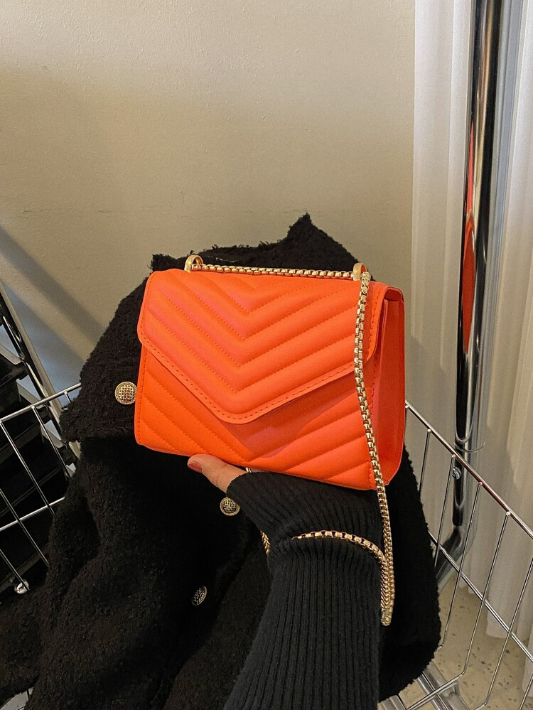 Mini Neon Orange Chevron Quilted Chain Flap Square Bag | SHEIN
