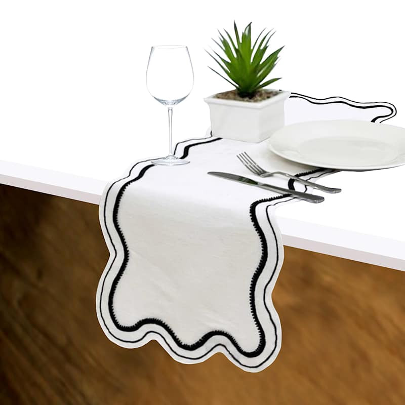 Ivory Table Runner with Black Embroidered Trim, 13x36 | At Home