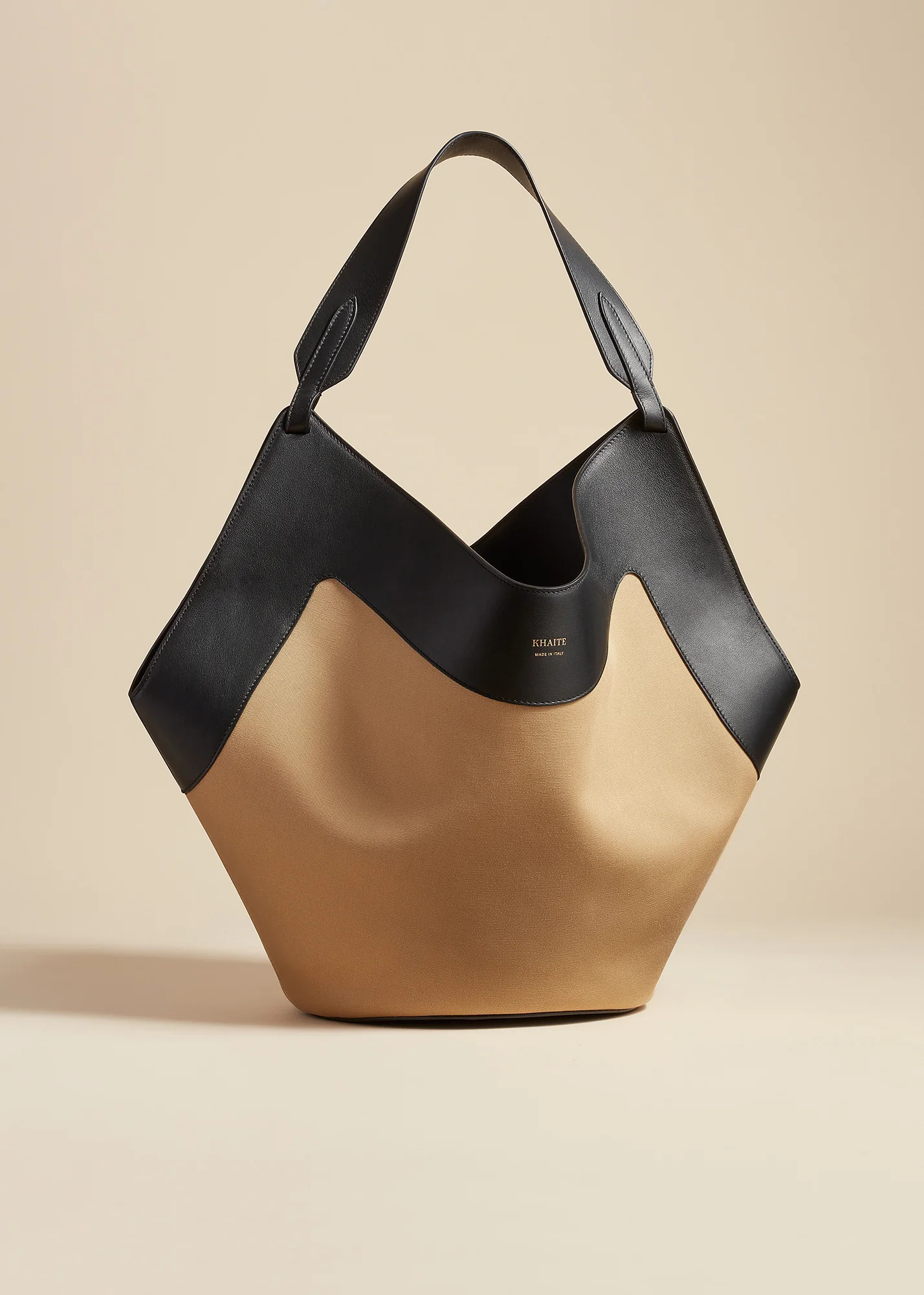 KHAITE - The Medium Lotus Tote In Honey And Black Leather | Khaite