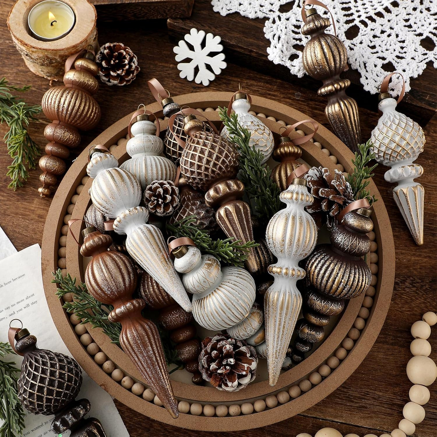 Yunlly 9 Pcs Neutral Christmas Ornaments Textured Christmas Tree Decor with Hanging Loop Modern B... | Amazon (US)