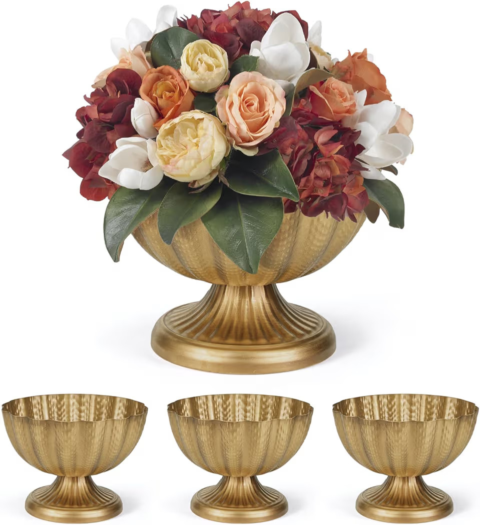 Set of 4, 9'' Wide 6.5'' High Distressed Gold Compote Pedestal Vases, Antique Metal Large Gold Co... | Amazon (US)