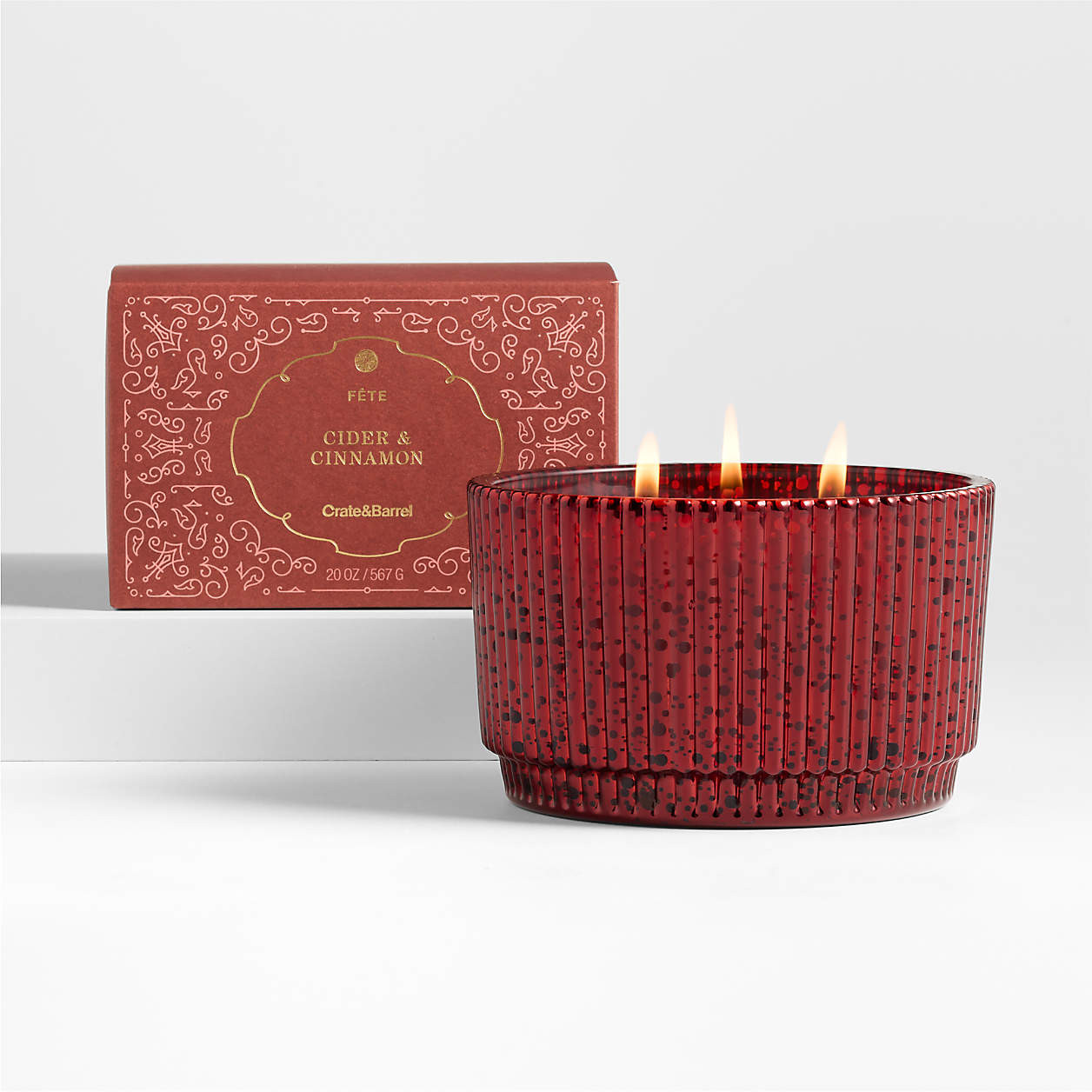 Fete Red Orange Cinnamon Holiday 3-Wick Scented Candle + Reviews | Crate & Barrel | Crate & Barrel